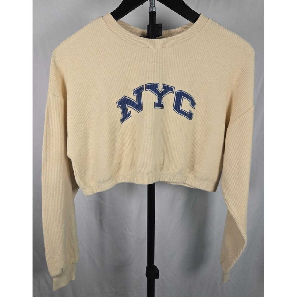 Forever 21 NYC Crop Sweatshirt Small Cream Thermal Knit Varsity Y2K Preppy Acubi